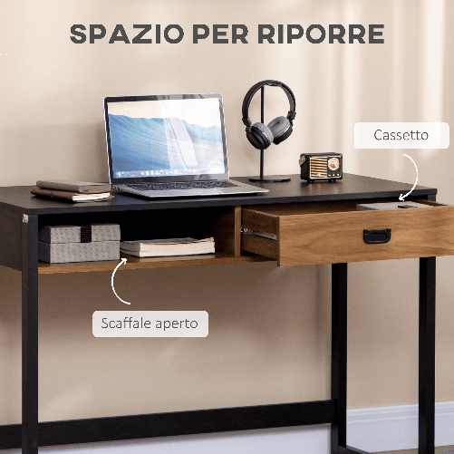 HOMCOM-Scrivania-per-Camera-e-Ufficio-con-Cassetto-Stile-Industriale-110x50x76cm-Noce-e-Nero