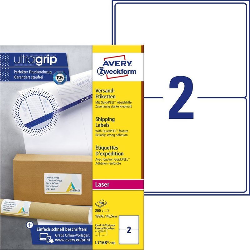 Avery-L7168-100-etichetta-autoadesiva-Rettangolo-Permanente-Bianco-200-pz--Avery-Laser-Parcel-Label-199.6x143.5mm-2-Per-