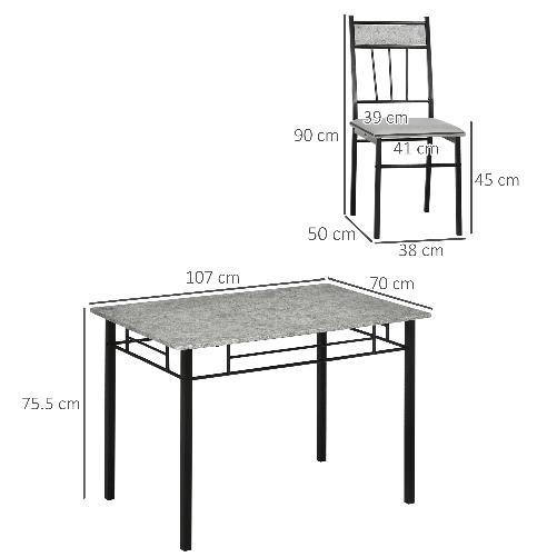 HOMCOM-Set-Tavolo-e-Sedie-5pz-Tavolo-da-Pranzo-Rettangolare-in-Metallo-e-MDF-e-4-Sedie-da-Pranzo-Grigio-e-Nero