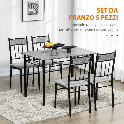 HOMCOM-Set-Tavolo-e-Sedie-5pz-Tavolo-da-Pranzo-Rettangolare-in-Metallo-e-MDF-e-4-Sedie-da-Pranzo-Grigio-e-Nero