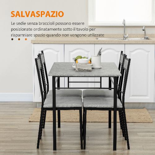 HOMCOM-Set-Tavolo-e-Sedie-5pz-Tavolo-da-Pranzo-Rettangolare-in-Metallo-e-MDF-e-4-Sedie-da-Pranzo-Grigio-e-Nero