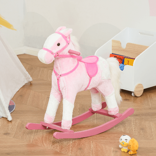 HOMCOM-Cavallo-a-Dondolo-in-Legno-con-Suono-Animale-Regalo-Giocattolo-per-i-Bambini-74-x-28-x-65cm-Rosa