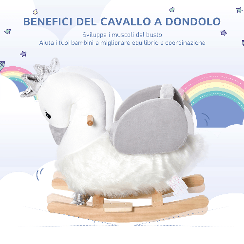 HOMCOM-Dondolo-Giocattolo-a-Forma-di-Cigno-Bianco-e-Grigio-per-Bambini-18-36-Mesi--Max-40kg--Legno-di-Pioppo-e-Peluche