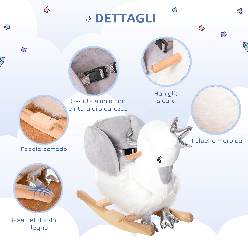 HOMCOM-Dondolo-Giocattolo-a-Forma-di-Cigno-Bianco-e-Grigio-per-Bambini-18-36-Mesi--Max-40kg--Legno-di-Pioppo-e-Peluche