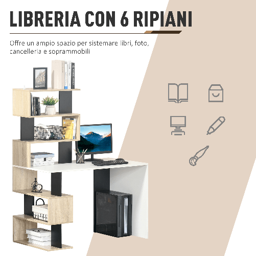 HOMCOM-Scrivania-con-Libreria-per-Camera-Scrivania-Ufficio-Scrivania-Porta-PC-in-Legno-Multicolore-120x60x148cm