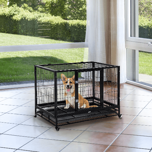 PawHut-Gabbia-Box-per-Cani-Cuccioli-da-Interno-Esterno-con-Rotelle-92×62×75cm