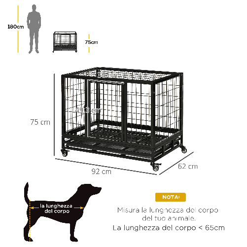 PawHut-Gabbia-Box-per-Cani-Cuccioli-da-Interno-Esterno-con-Rotelle-92×62×75cm