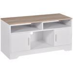 HOMCOM Mobile TV con 3 Scomparti Aperti, 2 Armadietti e Piano d'Appoggio, Mobile per TV fino a 50", in Truciolato, 105x40x52cm, Bianco e Legno