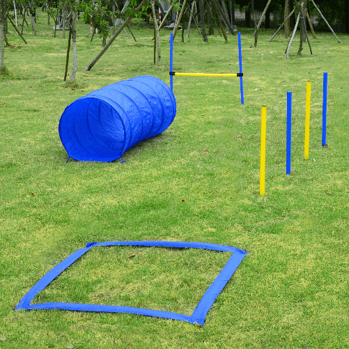 PawHut-Set-Agility-Dog-per-Addestramento-Cani-con-Tunnel-Slalom-e-Ostacolo-Sacca-di-Trasporto-Giallo-e-Blu