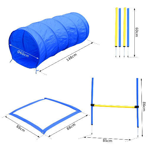 PawHut-Set-Agility-Dog-per-Addestramento-Cani-con-Tunnel-Slalom-e-Ostacolo-Sacca-di-Trasporto-Giallo-e-Blu
