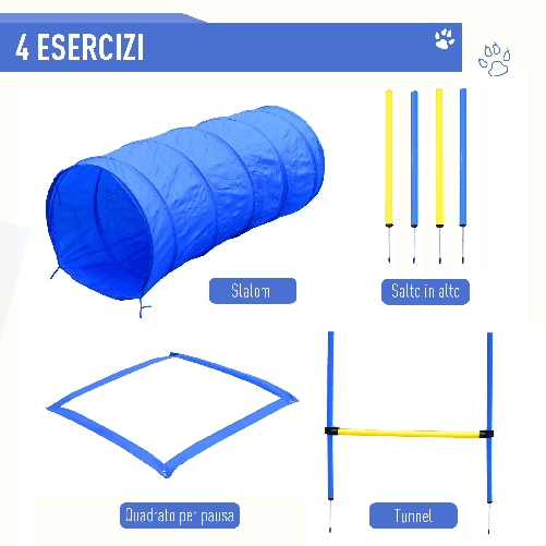 PawHut-Set-Agility-Dog-per-Addestramento-Cani-con-Tunnel-Slalom-e-Ostacolo-Sacca-di-Trasporto-Giallo-e-Blu