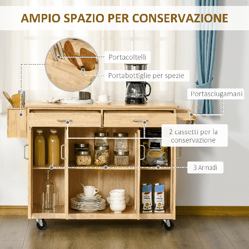 HOMCOM-Carrello-da-Cucina-in-Legno-con-Cassetto-Armadietto-e-Ruote-136x47x915cm