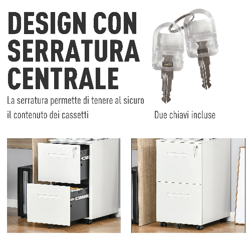 Vinsetto-Cassettiera-Ufficio-con-Ruote-Schedario-Portadocumenti-a-2-Cassetti-con-Serratura-e-2-Chiavi-in-Acciaio-39x48x67cm-Bianco