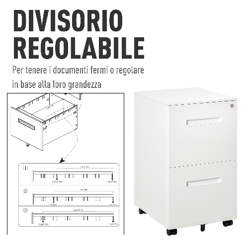 Vinsetto-Cassettiera-Ufficio-con-Ruote-Schedario-Portadocumenti-a-2-Cassetti-con-Serratura-e-2-Chiavi-in-Acciaio-39x48x67cm-Bianco