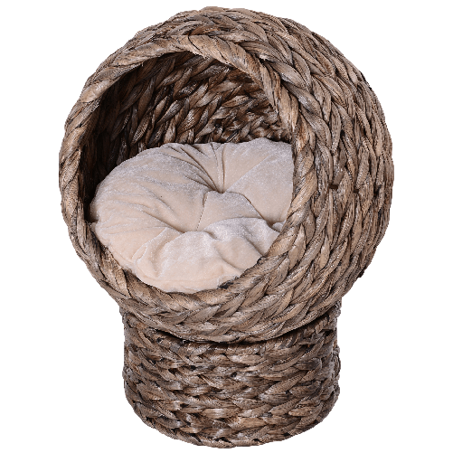 Pawhut-Cuccia-per-Gatti-Rialzata-con-Cuscino-Casetta-Naturale-con-Foglie-di-Banana-Beige-e-Marrone-42x33x52cm