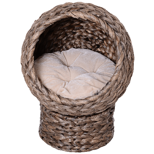 Pawhut-Cuccia-per-Gatti-Rialzata-con-Cuscino-Casetta-Naturale-con-Foglie-di-Banana-Beige-e-Marrone-42x33x52cm