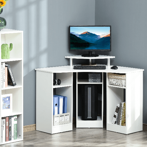 HOMCOM-Scrivania-Angolare-Porta-Pc-in-Legno-con-Ripiano-Monitor-Bianco