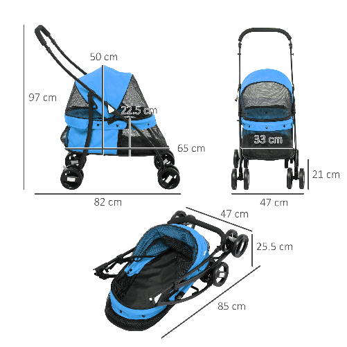 PawHut-Passeggino-per-Cani-Pieghevole-con-Tettuccio-Regolabile-e-Ruote-Girevoli-82x47x97cm-Blu