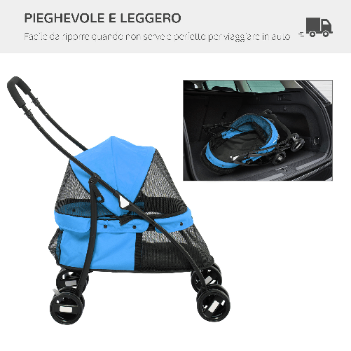 PawHut-Passeggino-per-Cani-Pieghevole-con-Tettuccio-Regolabile-e-Ruote-Girevoli-82x47x97cm-Blu