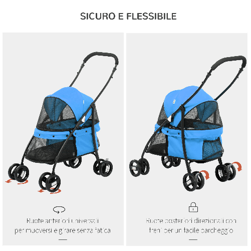 PawHut-Passeggino-per-Cani-Pieghevole-con-Tettuccio-Regolabile-e-Ruote-Girevoli-82x47x97cm-Blu