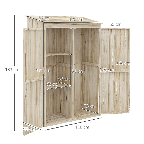 Outsunny-Casetta-da-Giardino-in-Legno-di-Abete-con-2-Porte-e-Ripiani-120x57x183cm-Naturale