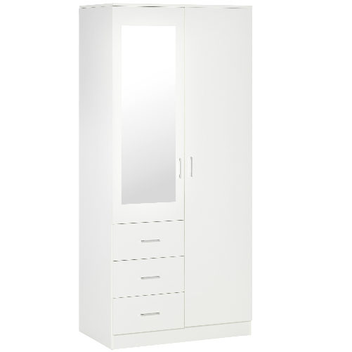 HOMCOM-Armadio-Moderno-Guardaroba-2-Ante-con-Specchio-e-3-Cassetti-Mensole-Regolabili-e-Barra-Appendiabiti-80x50x180cm-Bianco