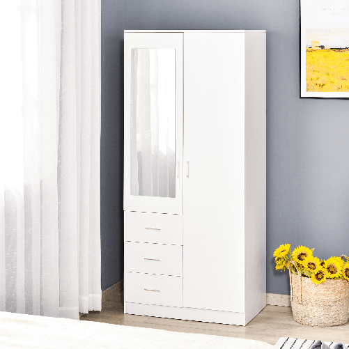 HOMCOM-Armadio-Moderno-Guardaroba-2-Ante-con-Specchio-e-3-Cassetti-Mensole-Regolabili-e-Barra-Appendiabiti-80x50x180cm-Bianco