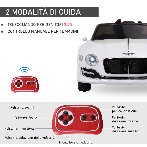 HOMCOM-Macchina-Elettrica-per-Bambini-Bentley-con-2-Portiere-Guida-Manuale-e-Telecomando-Fari-e-Suoni-108x60x43cm-Bianco