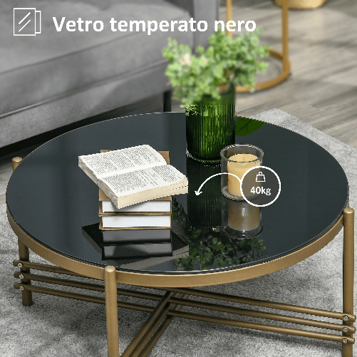 HOMCOM-Tavolino-da-Caffe-con-Piano-in-Vetro-Temperato-e-Base-in-Metallo-Ø85x41cm-Nero-e-Oro