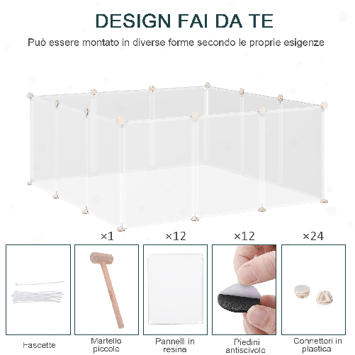 PawHut-Recinto-per-Conigli-Cuccioli-e-Piccoli-Animali-Modulabile-in-Metallo-e-PP-12-Pannelli-da-35x45cm-Bianco