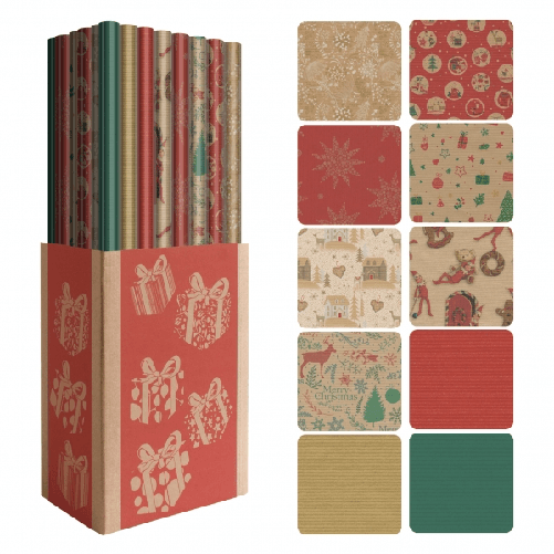 Dohe Navidad Kraft Expositor de 50 Rollos de Papel Regalo - 10 Dise?os Diferentes - 5 Rollos por Dise?o - Medidas del Rollo 0.70x2m