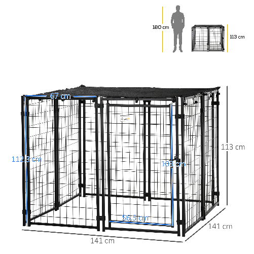 PawHut-Recinto-per-Cani-Pieghevole-con-Copertura-8-Pannelli-con-Porta-Bloccabile-141x141x113cm-Nero