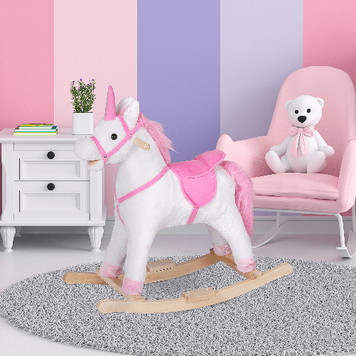 HOMCOM-Cavallo-a-Dondolo-in-Legno-Unicorno-Giocattolo-Cavalcabile-Bambini-Peluche-78-×-28-×-68cm-Rosa