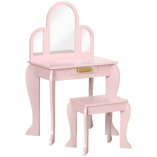 HOMCOM-Tavolo-per-Trucco-per-Bambine-3-6-Anni-con-Sgabello-Cassetti-e-Specchio-Coordinato-in-Acrilico-Rosa