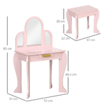 HOMCOM-Tavolo-per-Trucco-per-Bambine-3-6-Anni-con-Sgabello-Cassetti-e-Specchio-Coordinato-in-Acrilico-Rosa