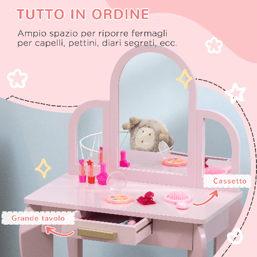 HOMCOM-Tavolo-per-Trucco-per-Bambine-3-6-Anni-con-Sgabello-Cassetti-e-Specchio-Coordinato-in-Acrilico-Rosa