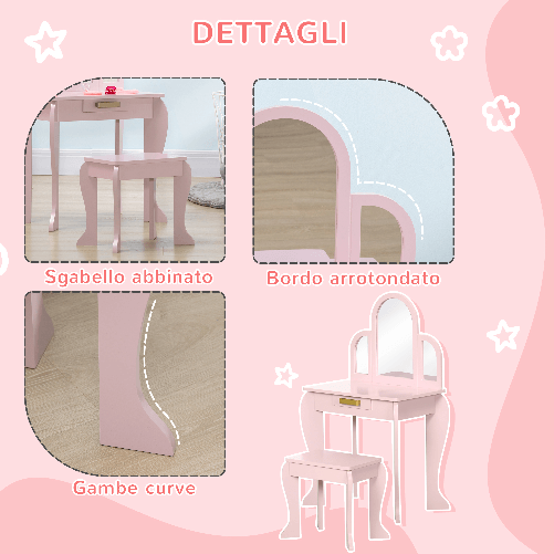 HOMCOM-Tavolo-per-Trucco-per-Bambine-3-6-Anni-con-Sgabello-Cassetti-e-Specchio-Coordinato-in-Acrilico-Rosa