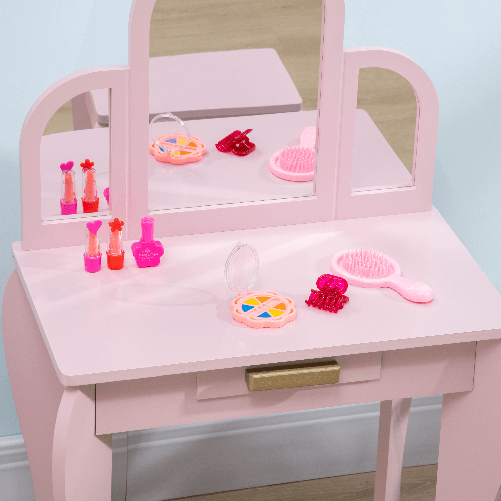 HOMCOM-Tavolo-per-Trucco-per-Bambine-3-6-Anni-con-Sgabello-Cassetti-e-Specchio-Coordinato-in-Acrilico-Rosa