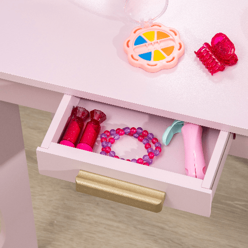 HOMCOM-Tavolo-per-Trucco-per-Bambine-3-6-Anni-con-Sgabello-Cassetti-e-Specchio-Coordinato-in-Acrilico-Rosa