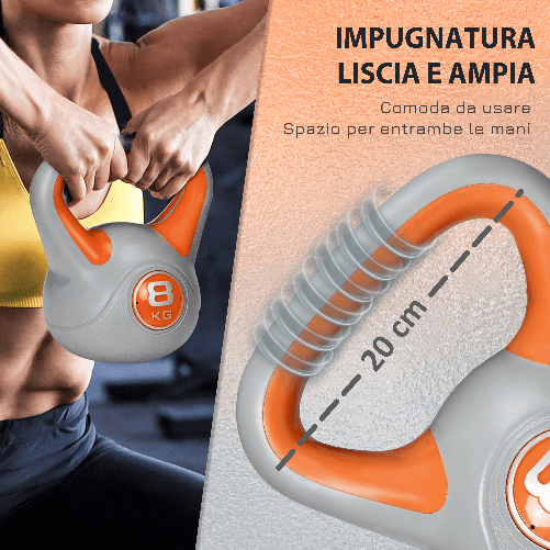 SPORTNOW-Kettlebell-8kg-in-PU-e-Sabbia-con-Base-Piatta-e-Impugnatura-per-Stacchi-Squat-e-Sollevamenti-20x14x24-cm-Arancione