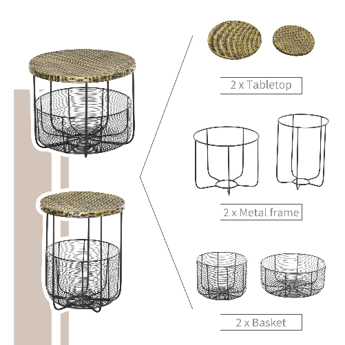 Outsunny-Set-di-2-Tavolini-da-Giardino-in-Metallo-con-Ceste-Arredamento-da-Esterno-Stile-Industriale-Nero