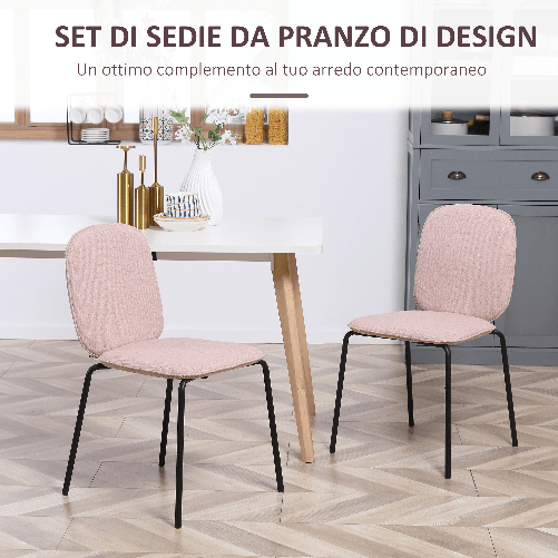 HOMCOM-Set-di-2-Sedie-da-Pranzo-in-Tessuto-Imbottite-e-Impilabili-con-Gambe-in-Acciaio-Rosa