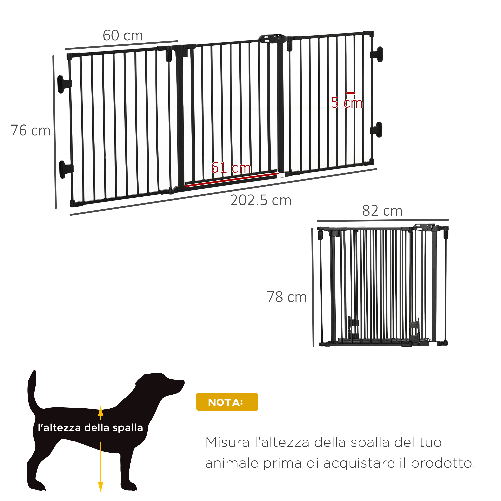 PawHut-Cancelletto-di-Sicurezza-Pieghevole-e-regolabile-in-Acciaio-Barriera-per-Cani-con-Chiusura-Automatica-e-Sistema-di-Blocco---Nero