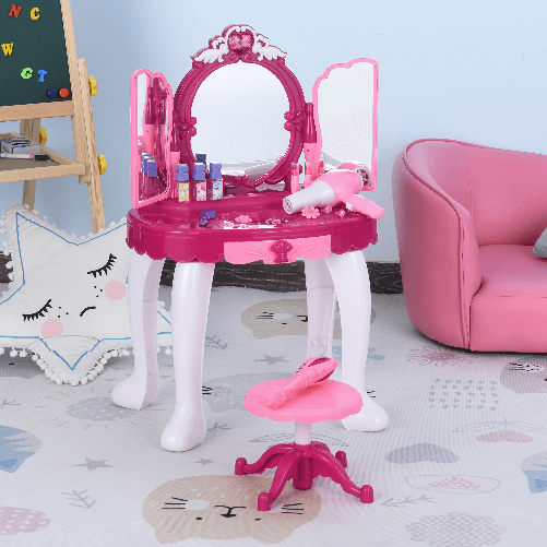 HOMCOM-Tavolo-da-Toeletta-per-Bambina-Postazione-Trucco-Giocattolo-con-Accessori