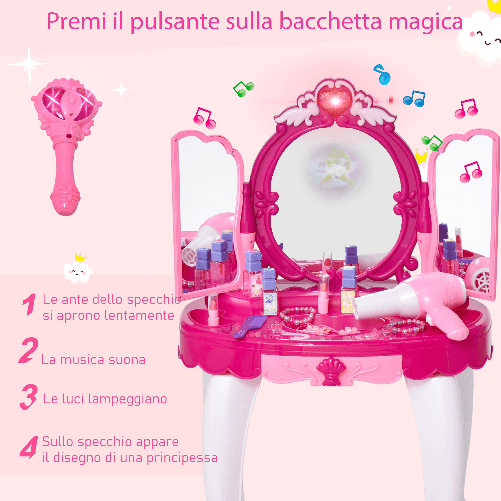 HOMCOM-Tavolo-da-Toeletta-per-Bambina-Postazione-Trucco-Giocattolo-con-Accessori