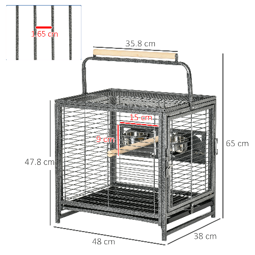 PawHut-Gabbia-per-Pappagalli-con-Vassoio-rimovibile-Ciotole-in-Acciaio-Inox-e-2-Posatoi-48x38x65cm-Nero