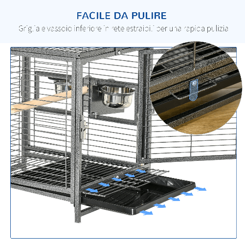 PawHut-Gabbia-per-Pappagalli-con-Vassoio-rimovibile-Ciotole-in-Acciaio-Inox-e-2-Posatoi-48x38x65cm-Nero