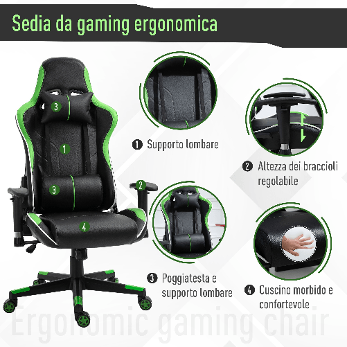 Vinsetto-Poltrona-Gaming-con-Altezza-e-Schienale-Regolabile-Sedia-da-Ufficio-Nera-e-Verde