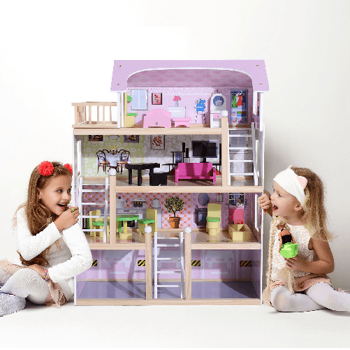 HOMCOM-Casa-delle-Bambole-per-Bambini-3--Anni-in-Legno-di-Pino-e-MDF-a-4-Piani-con-13-Accessori-Rosa-60x30x80-cm