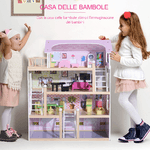 HOMCOM-Casa-delle-Bambole-per-Bambini-3--Anni-in-Legno-di-Pino-e-MDF-a-4-Piani-con-13-Accessori-Rosa-60x30x80-cm